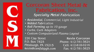 corcoran sheet metal fabrication inc clay street pittsburgh pa|Corcoran Sheet Metal & Fabrication, Pittsburgh, PA.